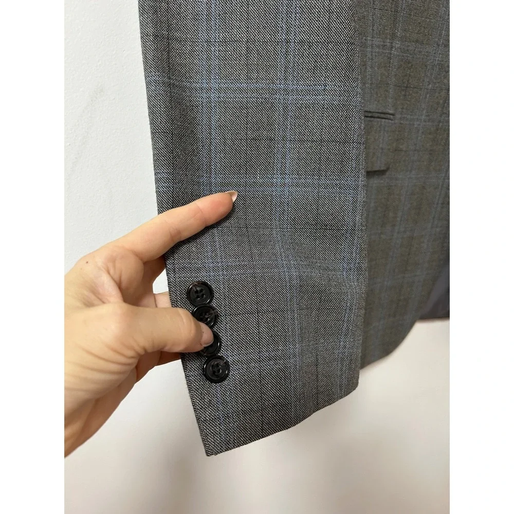 LAUREN Ralph Lauren Mens 42L Gray Blue Plaid Windowpane Wool Silk Blazer‎ Jacket